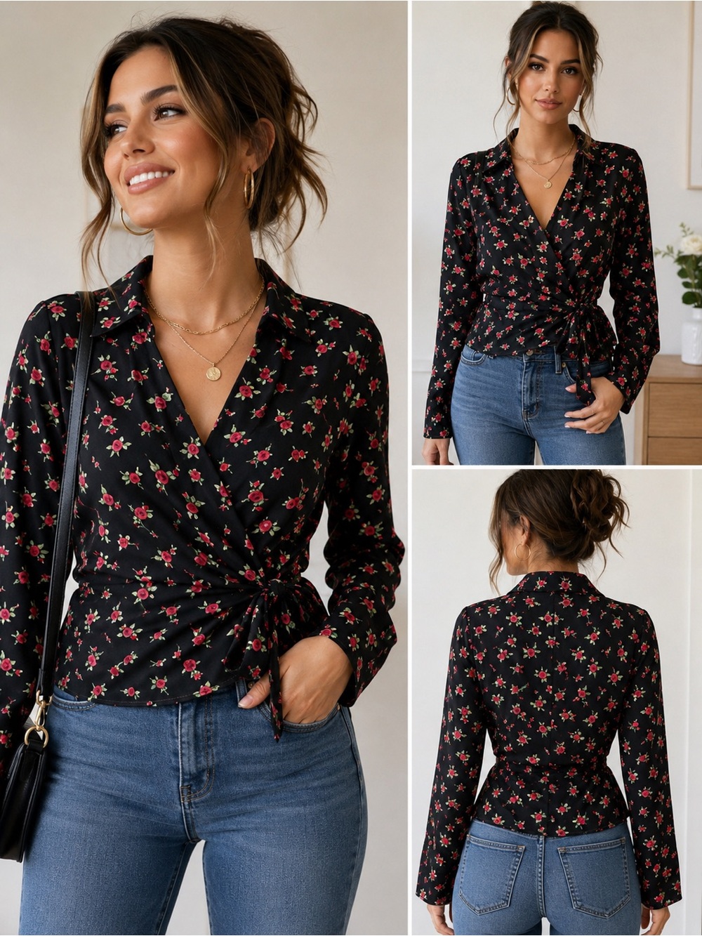 Forever 21 Black Floral Rose Print Wrap Tie Front Blouse Top Women’s Small